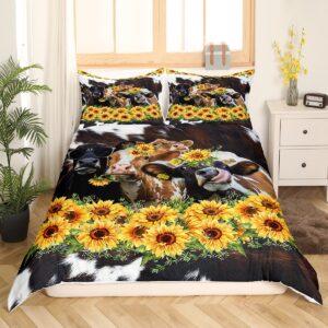 Homewish Cow Skin Printed Bedding Set,Cow Print Duvet Cover for Kids Teen Boys Girls,Yellow Sunflowers Comforter Cover Decorative Room,Farmhouse Theme Quilt Cover with 2 Pillowcases,King Size