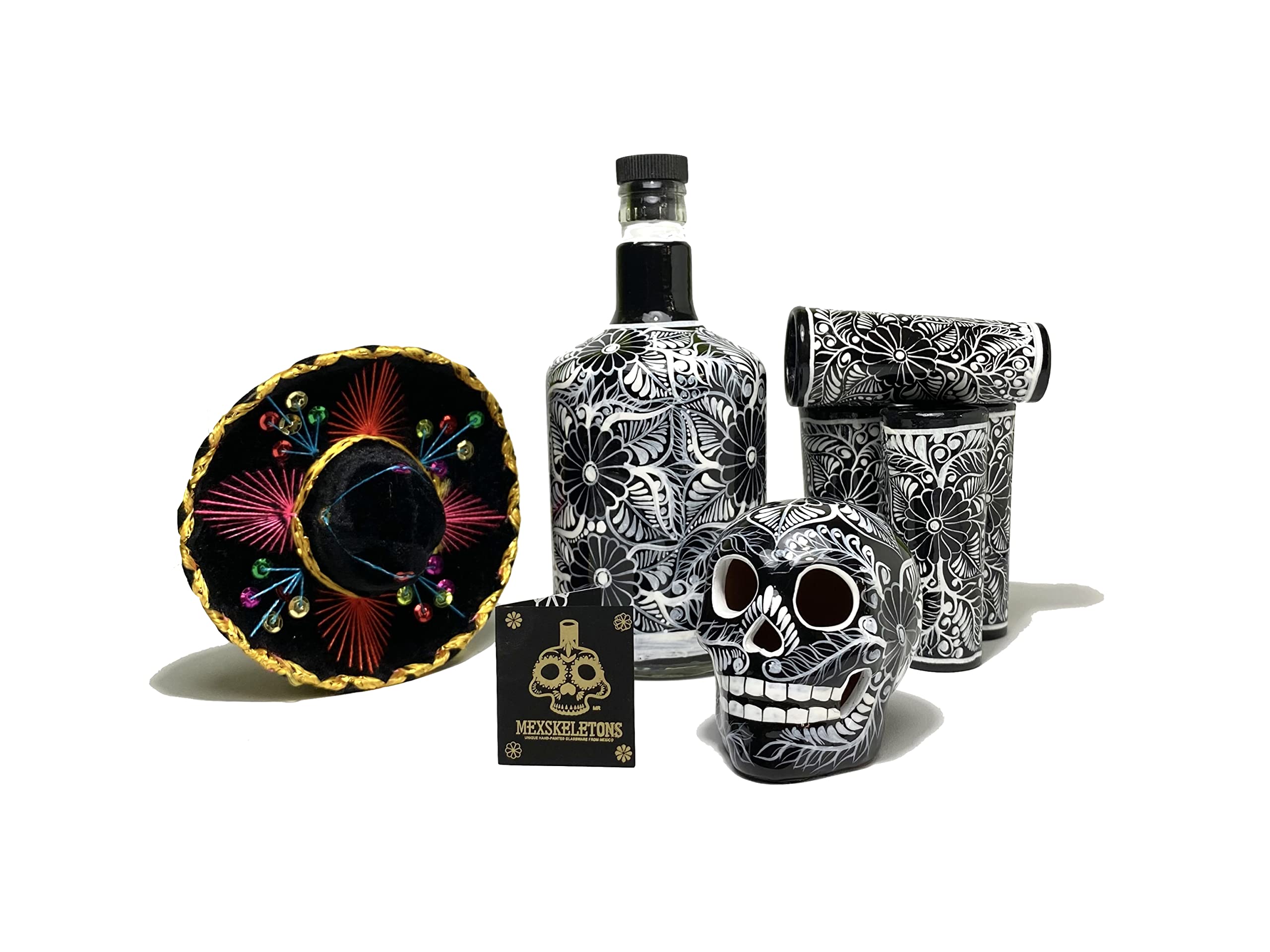 Tequila Decanter Set, Liquor Decanter with Shot Glasses and Mexican Sombrero, Hand-painted Decanter, Skull Decanter, Bar Decoration, Unique Tequila Gift, Gift For Dad, (Black Decanter Set)