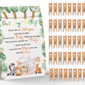 Don't Say Baby Sign, Baby Shower Clothespin Game, Includes a 5x7 Standing Sign and 50 Mini Natural Clothespins - Toctose046