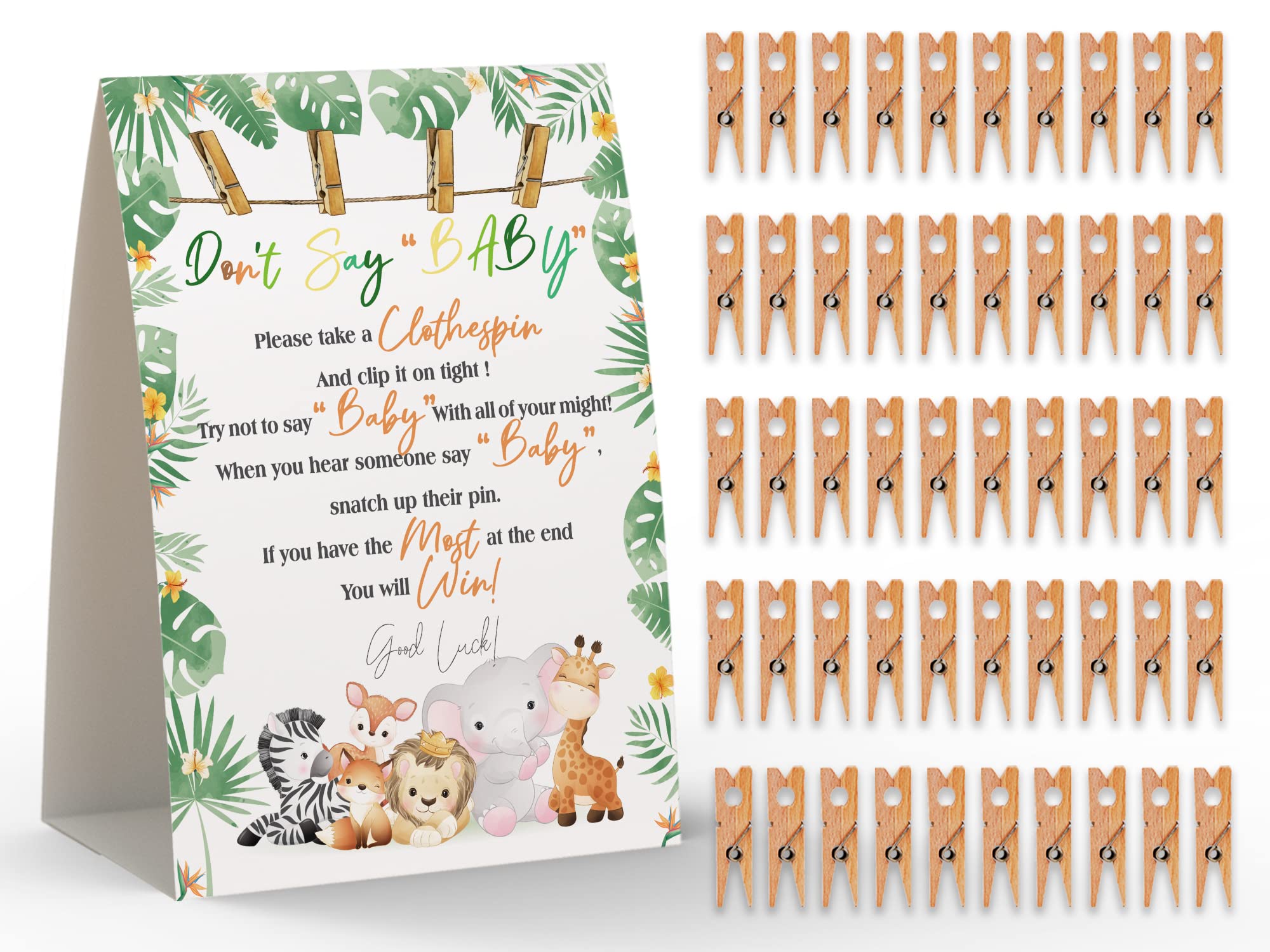 Don't Say Baby Sign, Baby Shower Clothespin Game, Includes a 5x7 Standing Sign and 50 Mini Natural Clothespins - Toctose046