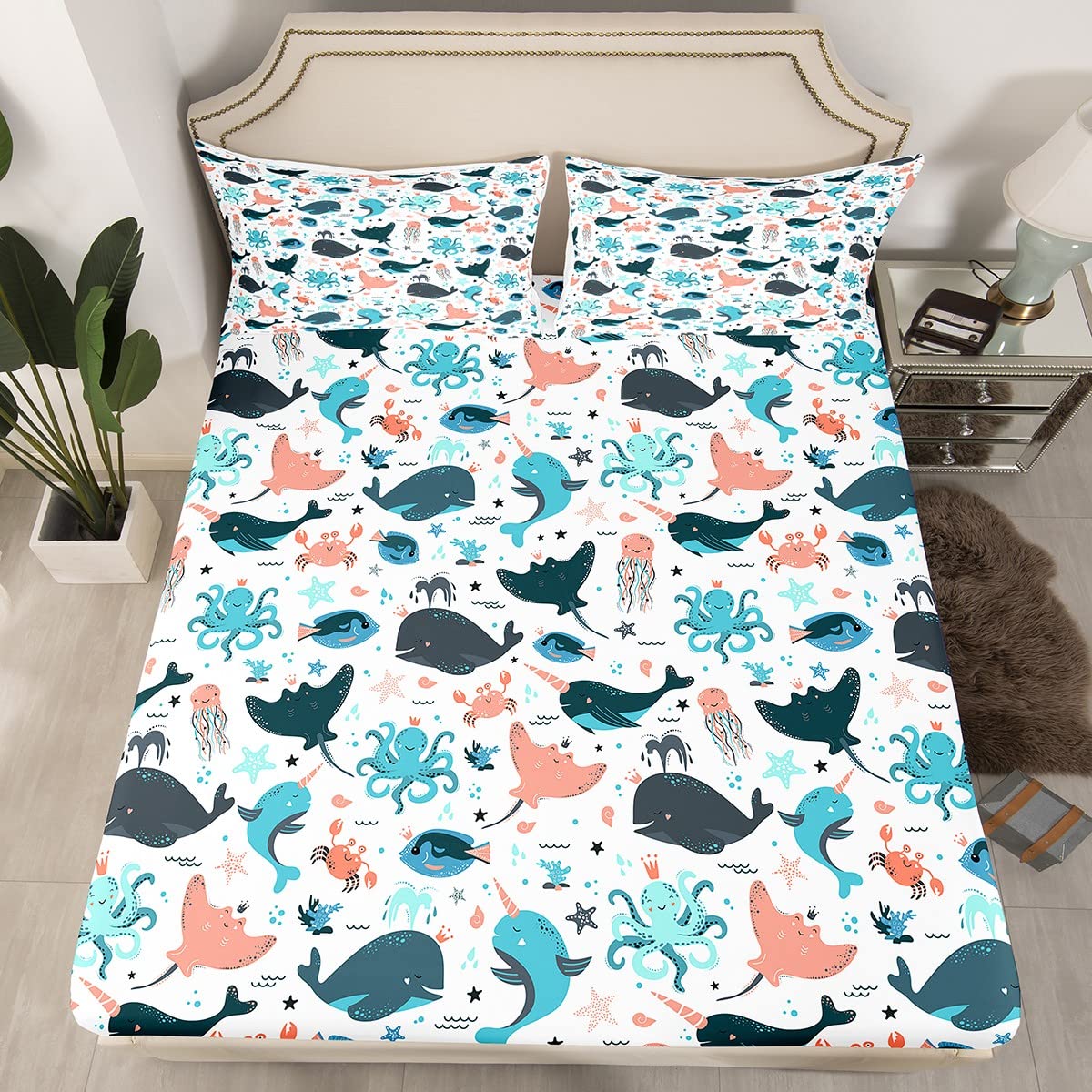 Cute Whale Bed Sheets Full Size, Kids Kawaii Cartoon Octopus Sheet Set, Jellyfish Shell Starfish Crab Fitted Sheet For Little Boys Girls, Ocean Beach Sea Animals Bedding Set With Kawaii Flat Sheet