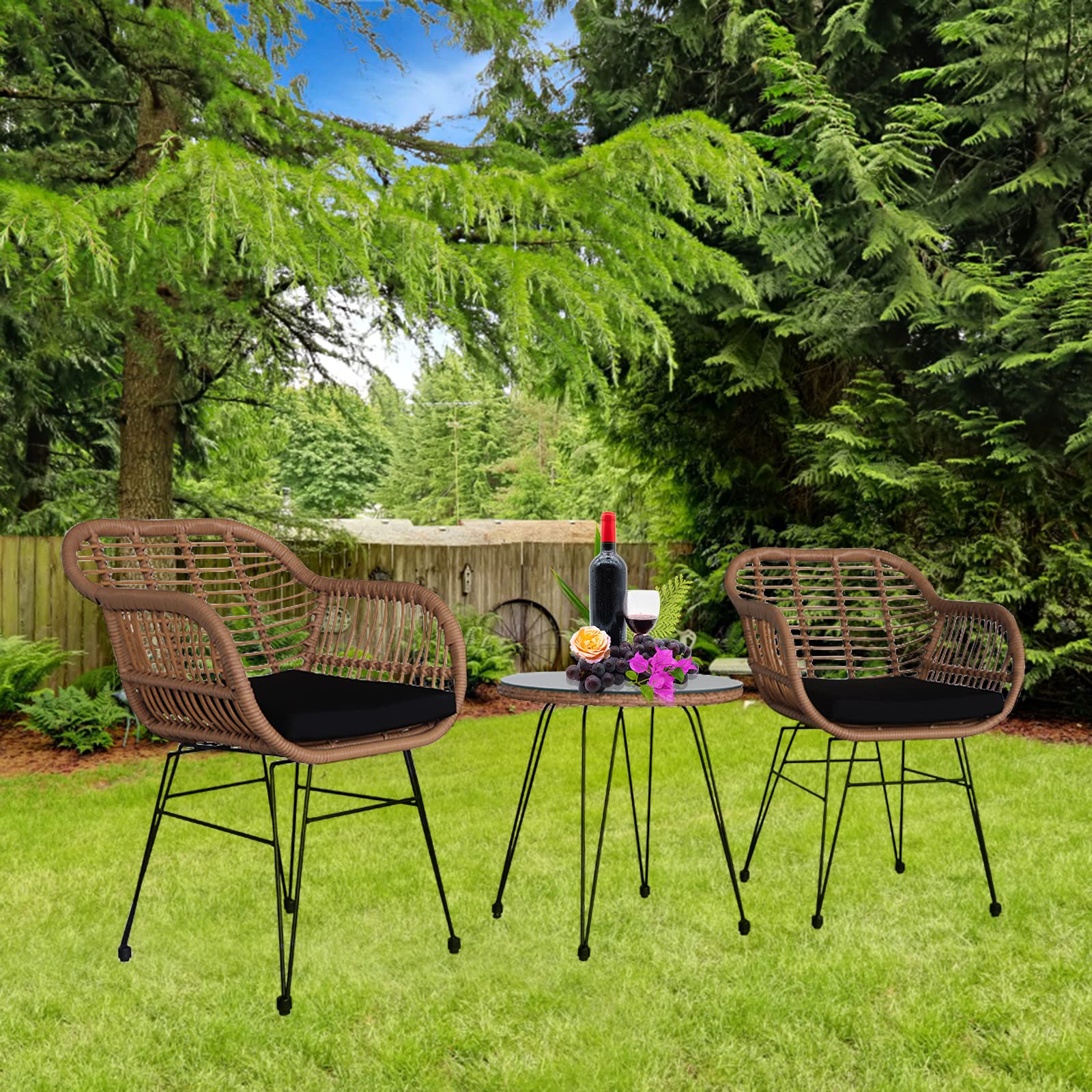 Patio Porch Furniture Set 3 Pieces, Outdoor Wicker Rattan Chairs Of 2, Front Porch Furniture, Outside Balcony Conversation Chairs With Tempered Glass Tabletop For Garden Indoor Outside (Style 1)