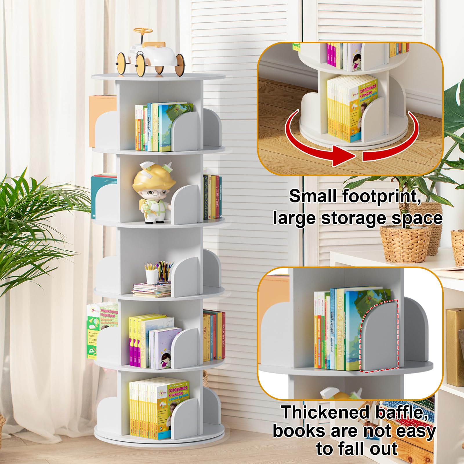 foriy 5 Tier Rotating Bookshelf 360° Revolving Bookcase Modern Tall Book Shelf Storage Display Rack Floor Standing Shelves with Baffle for Home Living Room Study Office White 63''X18''X18''