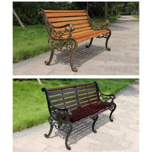 Outdoor Solid Wood Garden Park Bench, Patio Lawn Bench Porch Seat with Rust Resistant Cast Iron Frame, Slatted Seat with Backrest and Armrests for 2-3 People, Furniture for Deck/patio