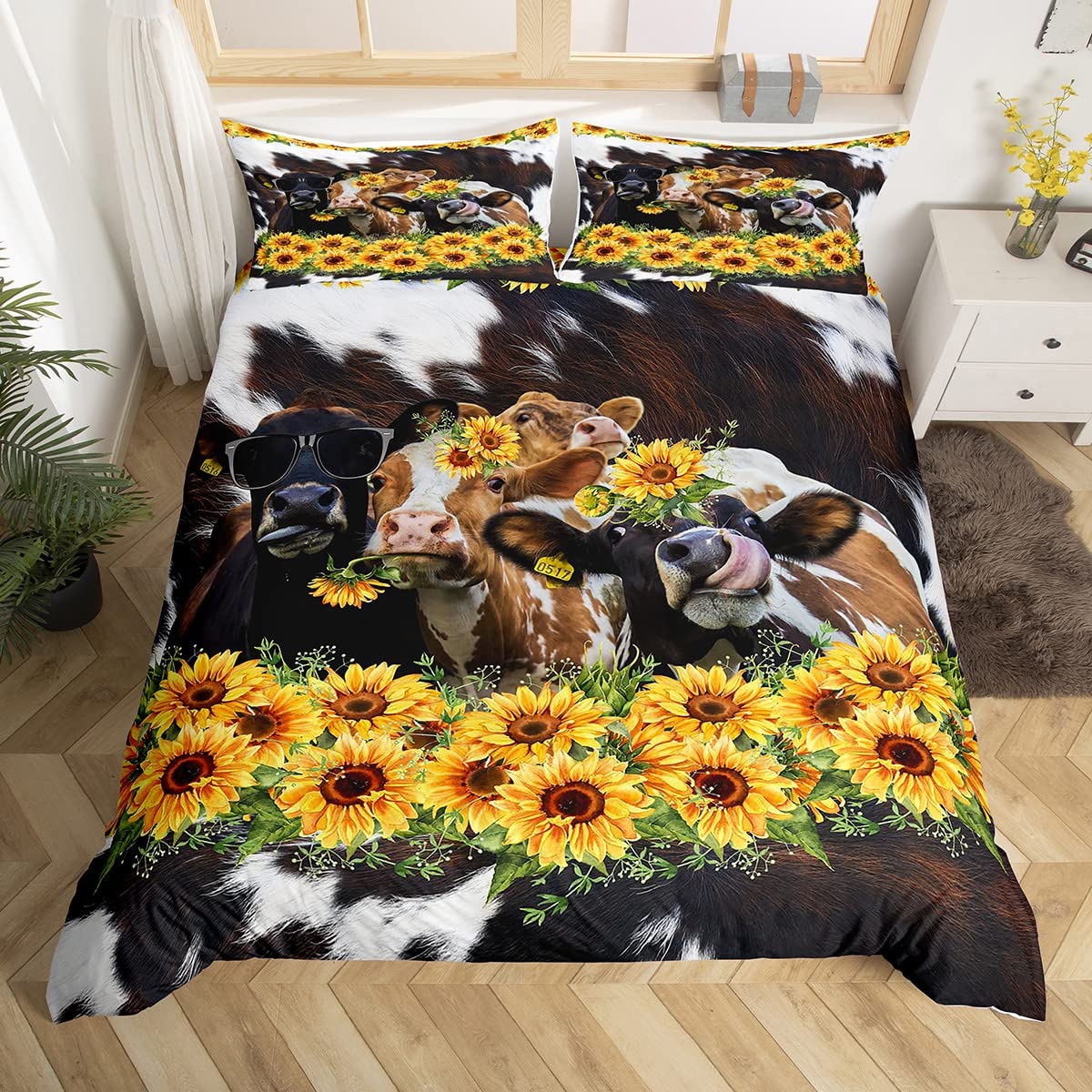 Homewish Cow Skin Printed Bedding Set,Cow Print Duvet Cover for Kids Teen Boys Girls,Yellow Sunflowers Comforter Cover Decorative Room,Farmhouse Theme Quilt Cover with 2 Pillowcases,King Size