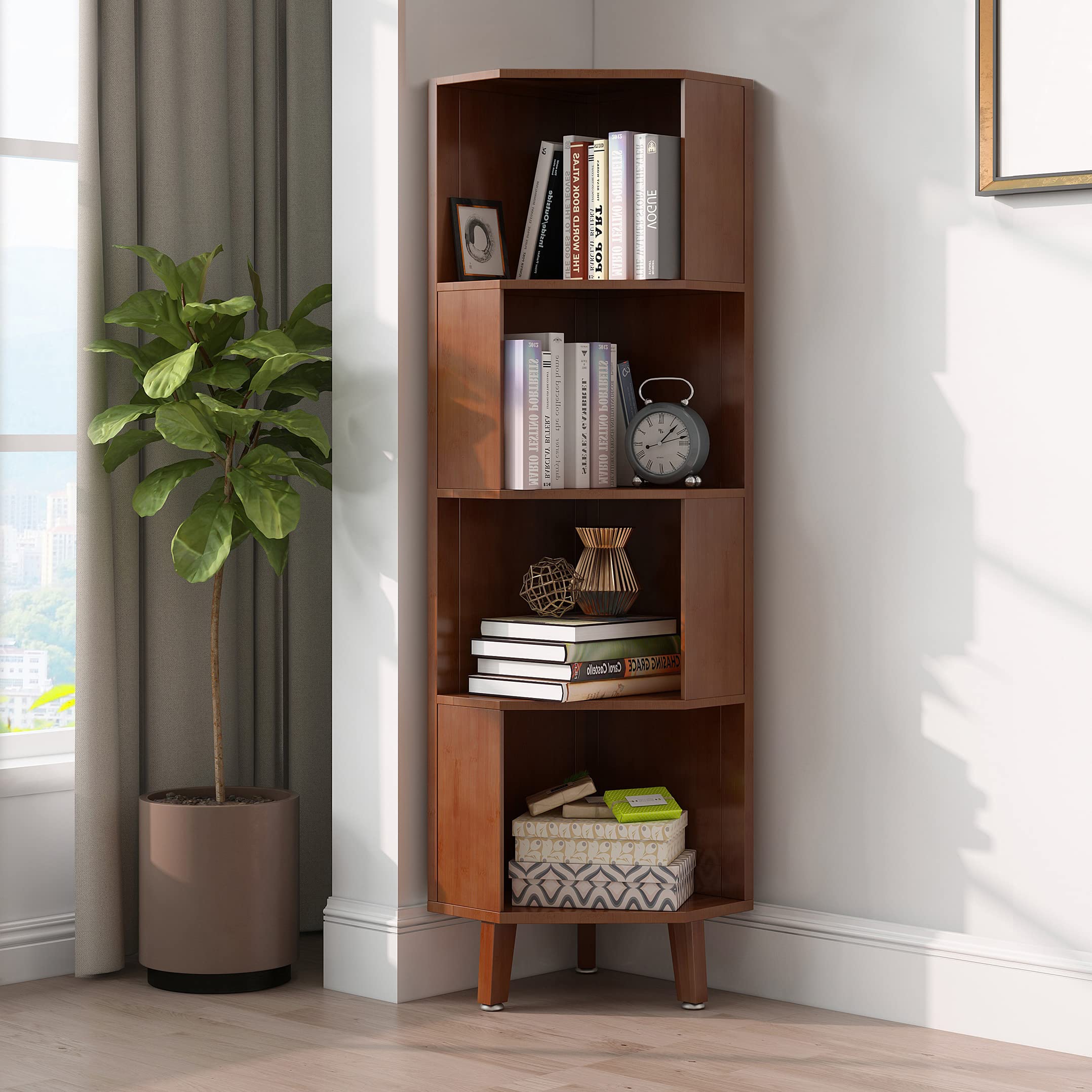 WILK 4-Tier Cube Corner Bookshelf Bamboo Corner Bookcase, Brown, 2.8(L) x 14.5(W) x 54(H)