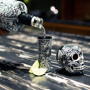 Tequila Decanter Set, Liquor Decanter with Shot Glasses and Mexican Sombrero, Hand-painted Decanter, Skull Decanter, Bar Decoration, Unique Tequila Gift, Gift For Dad, (Black Decanter Set)