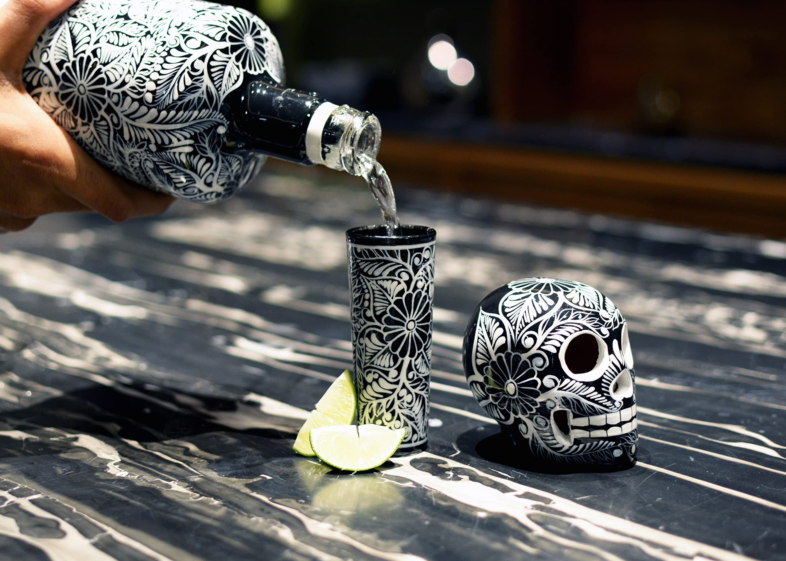 Tequila Decanter Set, Liquor Decanter with Shot Glasses and Mexican Sombrero, Hand-painted Decanter, Skull Decanter, Bar Decoration, Unique Tequila Gift, Gift For Dad, (Black Decanter Set)