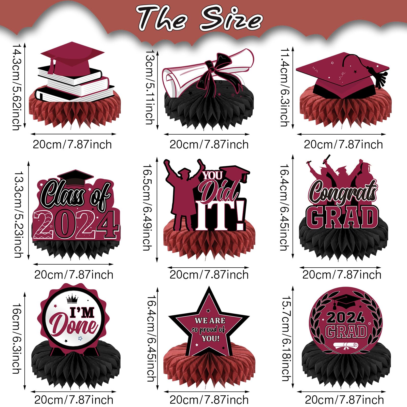 Yisong 9 Pieces 2024 Graduation Party Table Decorations Class of 2024 Congrats Graduation Centerpieces for Tables Congratulate Honeycomb Centerpiece Table Topper for Grad Party Favor(Maroon)