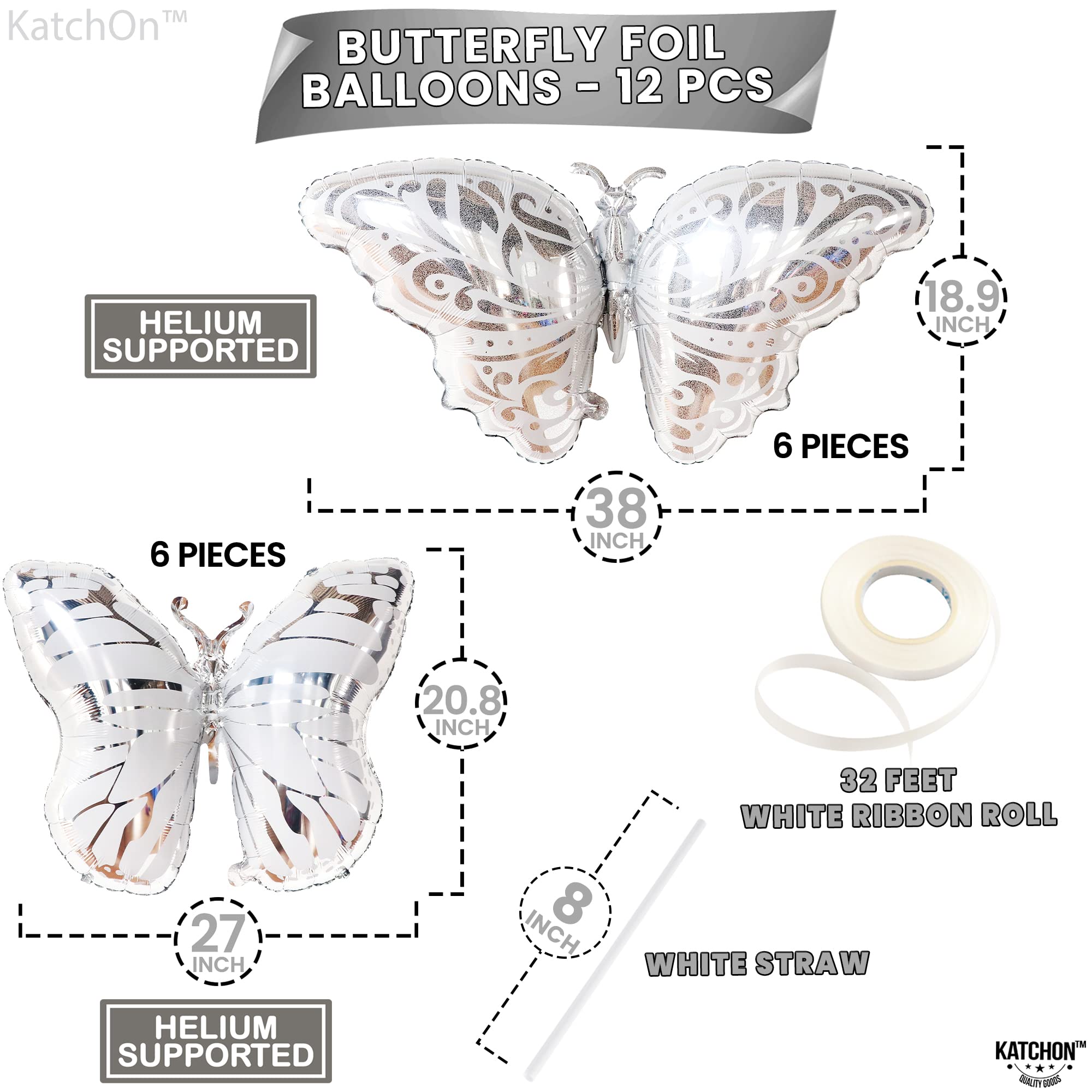 KatchOn, Big Butterfly Balloons, 38 Inch - Pack of 12, Helium Supported | Metallic Butterfly Foil Balloons for Butterfly Party Decorations | Mylar Butterfly Balloons for Baby Shower, Bridal Shower