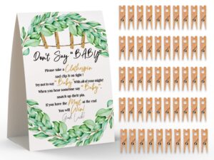 don't say baby sign, baby shower clothespin game, includes a 5x7 standing sign and 50 mini natural clothespins - toctose041