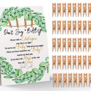 Don't Say Baby Sign, Baby Shower Clothespin Game, Includes a 5x7 Standing Sign and 50 Mini Natural Clothespins - Toctose041