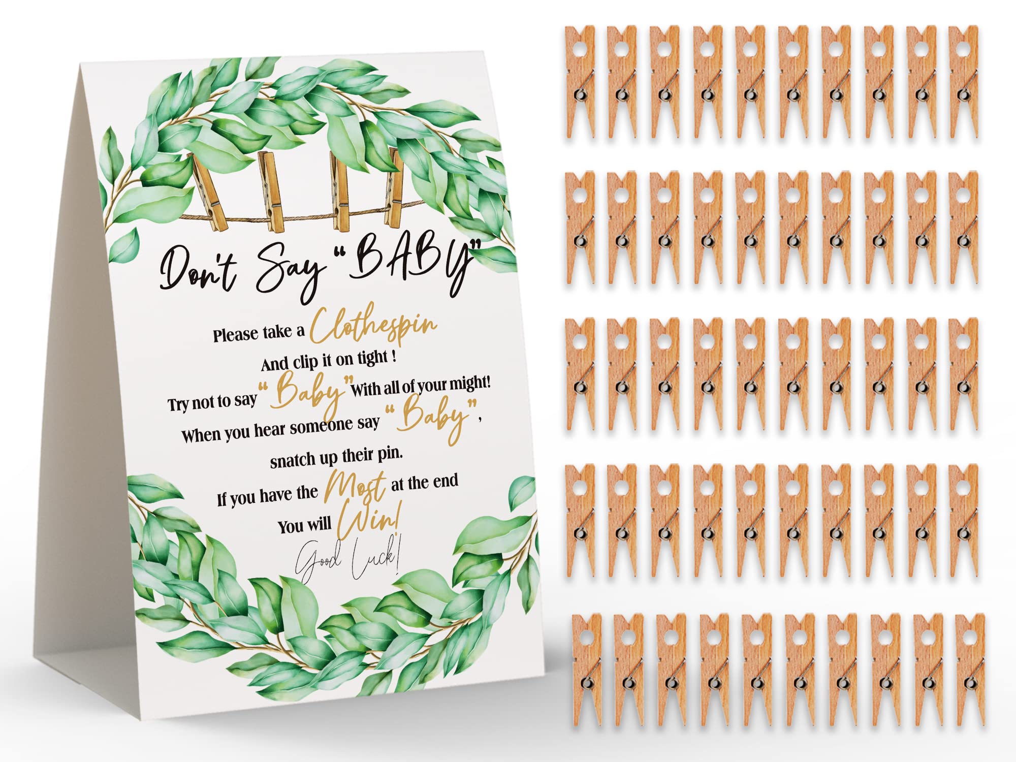 Don't Say Baby Sign, Baby Shower Clothespin Game, Includes a 5x7 Standing Sign and 50 Mini Natural Clothespins - Toctose041