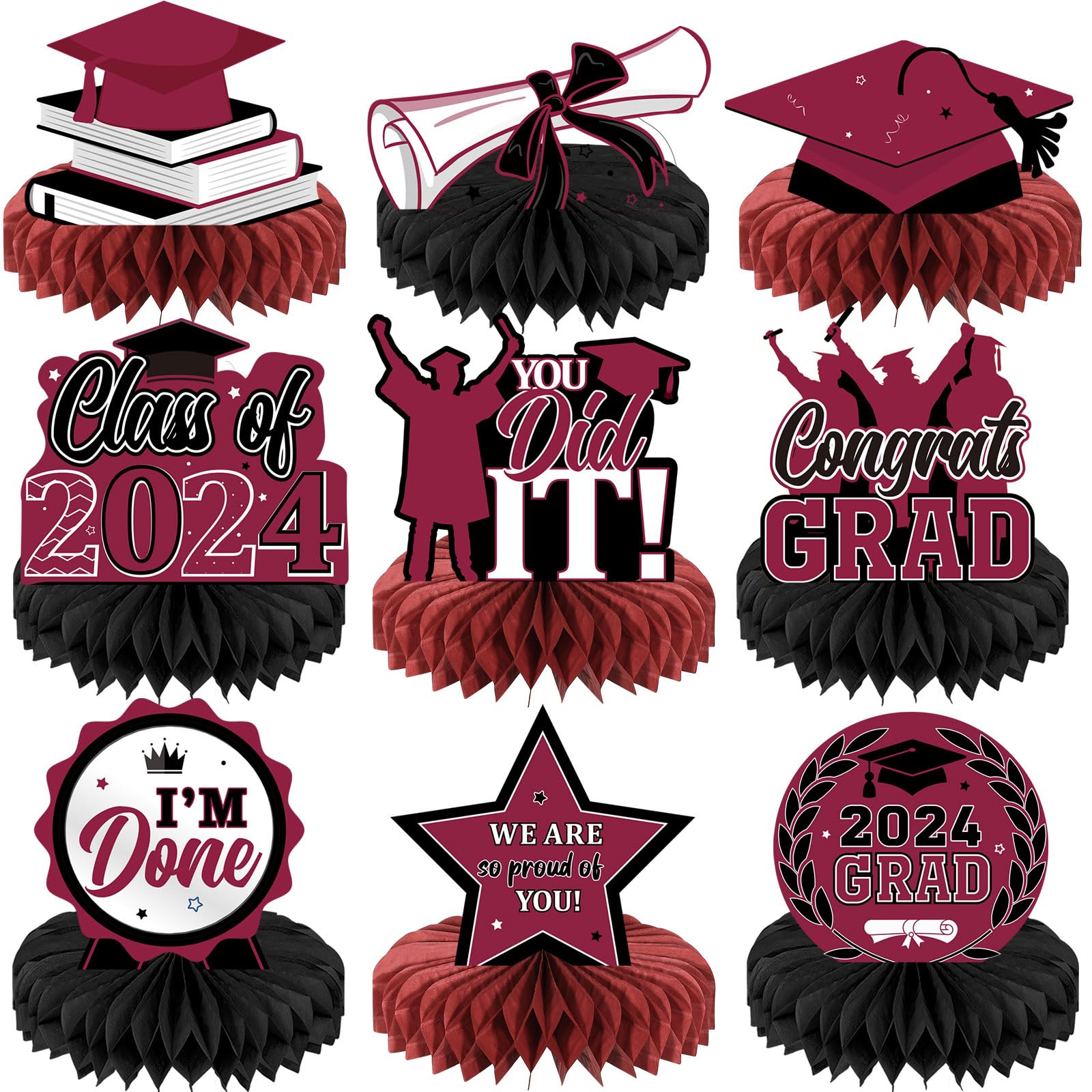 Yisong 9 Pieces 2024 Graduation Party Table Decorations Class of 2024 Congrats Graduation Centerpieces for Tables Congratulate Honeycomb Centerpiece Table Topper for Grad Party Favor(Maroon)