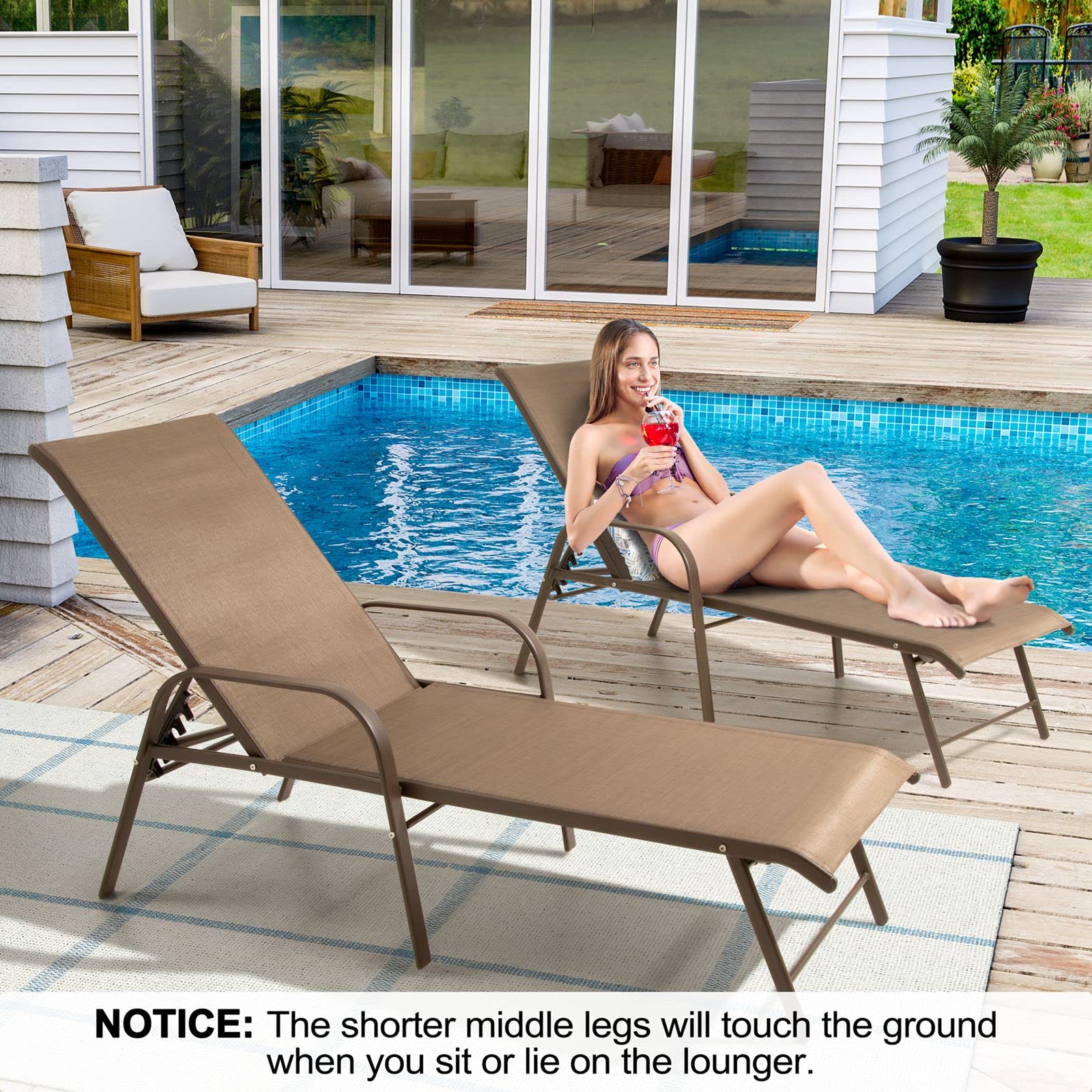 Crestlive Products Chaise Lounge Chair Outdoor with Armrests, Pool Lounge Chairs Set of 2, Aluminum Adjustable 5 Positions Sun Tanning Lounger for Patio, Poolside, Yard, Deck, Backyard (Brown)