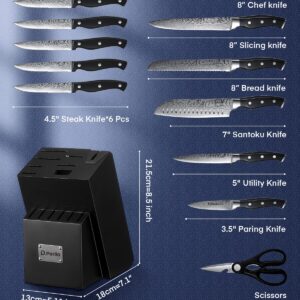 Knife Set, D.Perlla 14 Pieces Kitchen Knife Set with Built-in Sharpener, Stainless Steel Knives Block Set with Unique Waved Pattern, Non-slip Handle, Black