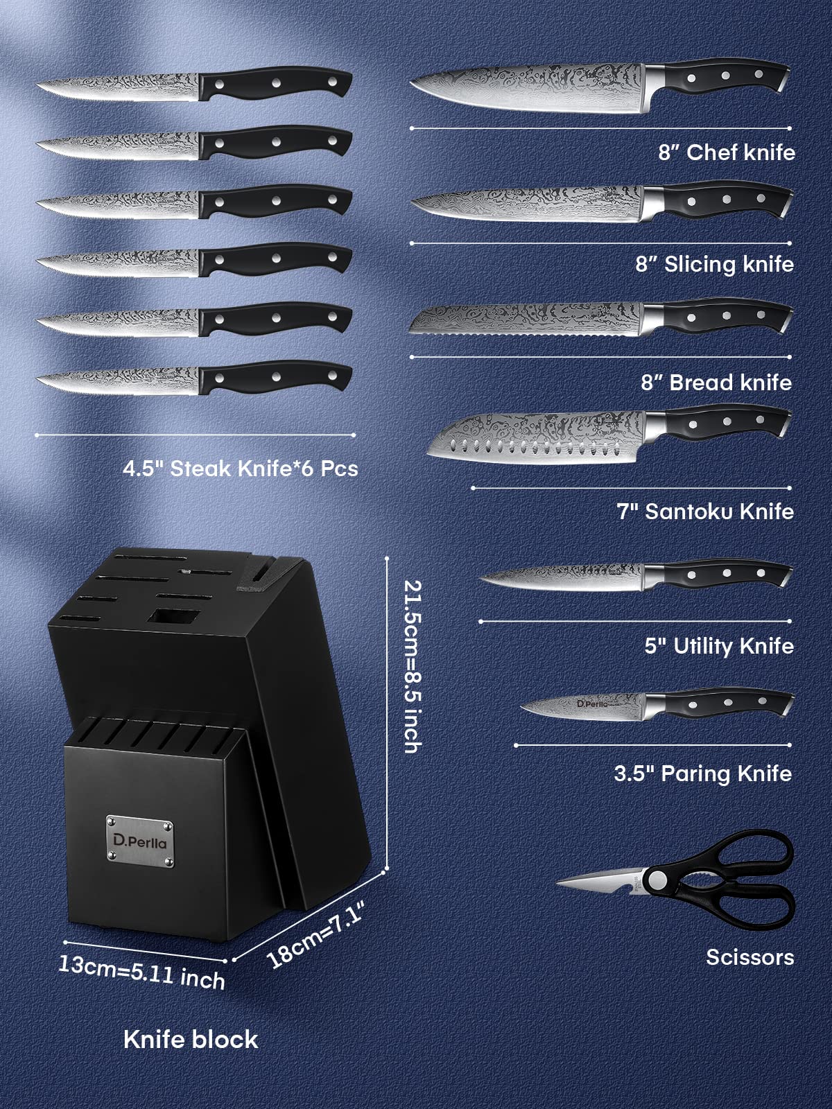 Knife Set, D.Perlla 14 Pieces Kitchen Knife Set with Built-in Sharpener, Stainless Steel Knives Block Set with Unique Waved Pattern, Non-slip Handle, Black