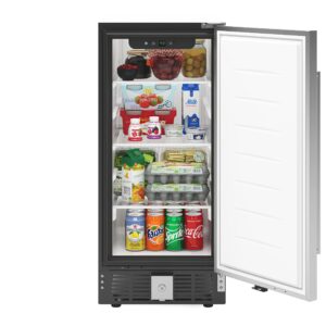 koolmore 15” inch 3 cu. ft. built-in mini fridge for food and beverages with 3 glass shelves, stainless steel door, led light for home, office, garage, or dorm room use (km-bir3c-ss)