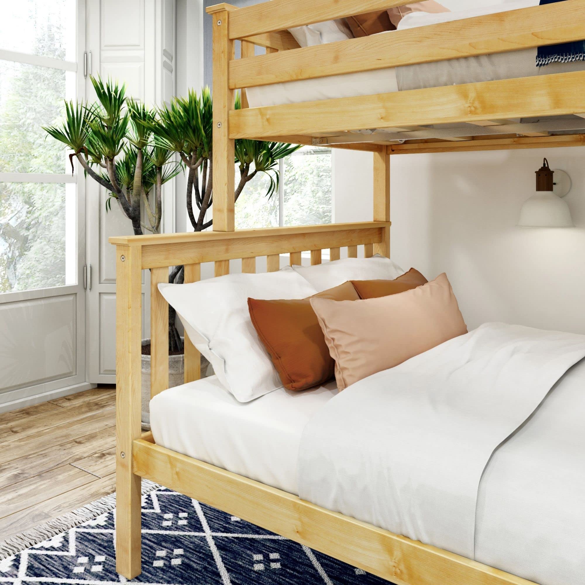 Plank+Beam Classic Wooden Bunk Bed Twin Over Full Size, Platform Bed Frame with Bunk Bed Ladder and Wood Slats for Adult, Space Saving Bed, Easy to Assemble, No Box Spring Needed, Natural