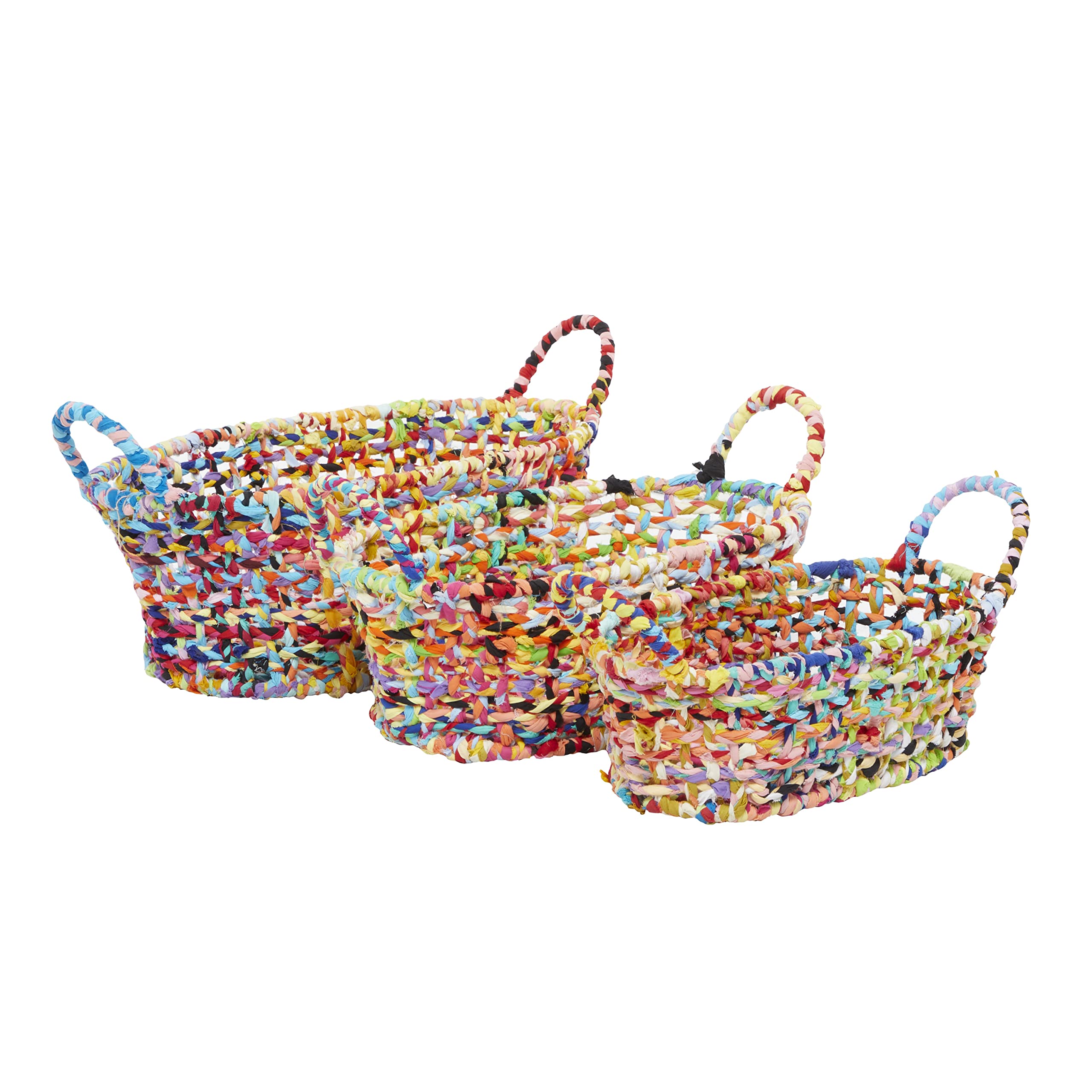 Deco 79 Cotton Round Storage Basket with Handles, Set of 3 9", 9", 7"H, Multi Colored