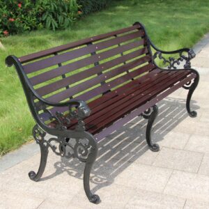 outdoor solid wood garden park bench, patio lawn bench porch seat with rust resistant cast iron frame, slatted seat with backrest and armrests for 2-3 people, furniture for deck/patio