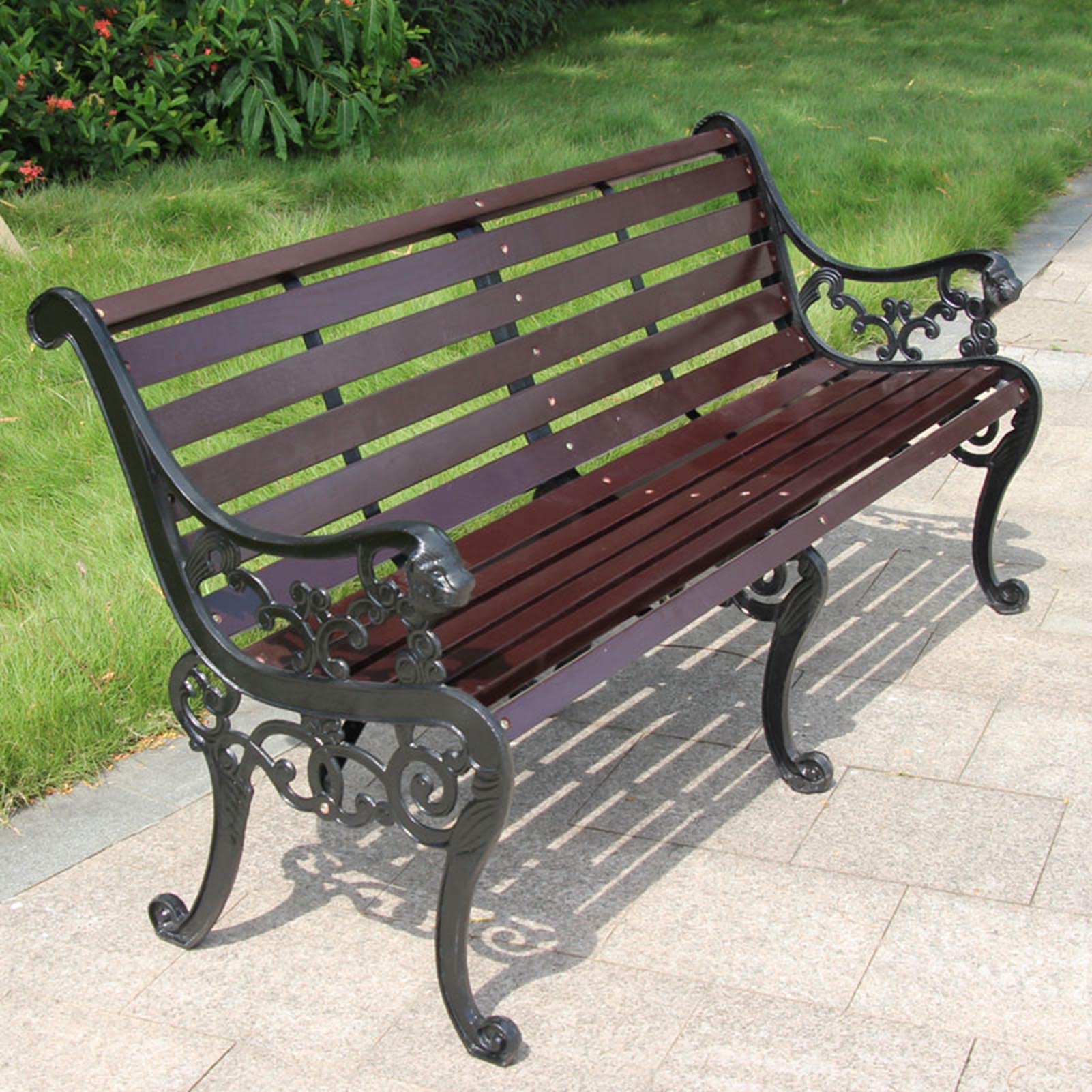 Outdoor Solid Wood Garden Park Bench, Patio Lawn Bench Porch Seat with Rust Resistant Cast Iron Frame, Slatted Seat with Backrest and Armrests for 2-3 People, Furniture for Deck/patio