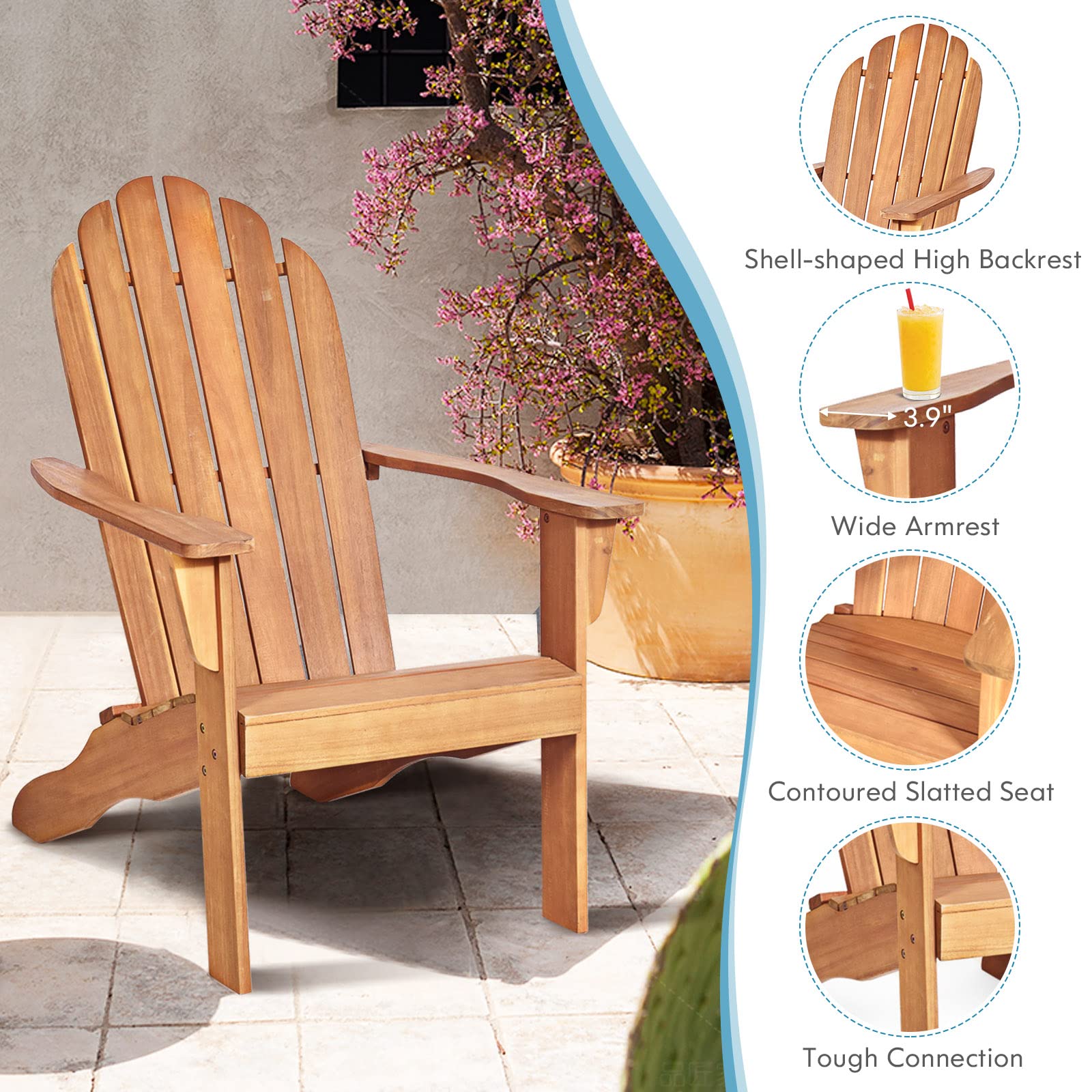 Tangkula Adirondack Chair, Acacia Wood Adirondack Lounger Chair, Outdoor Armchairs with Slatted Seating, Weather Resistant, for Patio Deck Lawn Backyard, Garden Adirondack Furniture (4, Natural)