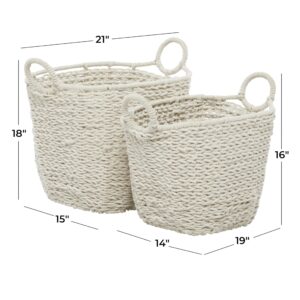 CosmoLiving by Cosmopolitan Cotton Fabric Handmade Decorative and Functional Storage Basket Basket Organizer with Handles, Set of 2 Basket for Storage 16", 18"H, White