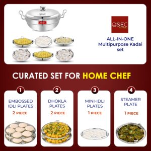 QSEC Triply bottom Idli maker Stainless Steel 4-in-1 Induction base Multi utility Kadai Idli Cooker All-in-One Big Size dhokla Cooker | 6 Plate 2 Idli | 1 mini idli 2 Dhokla 1 Patra Momo Steamer