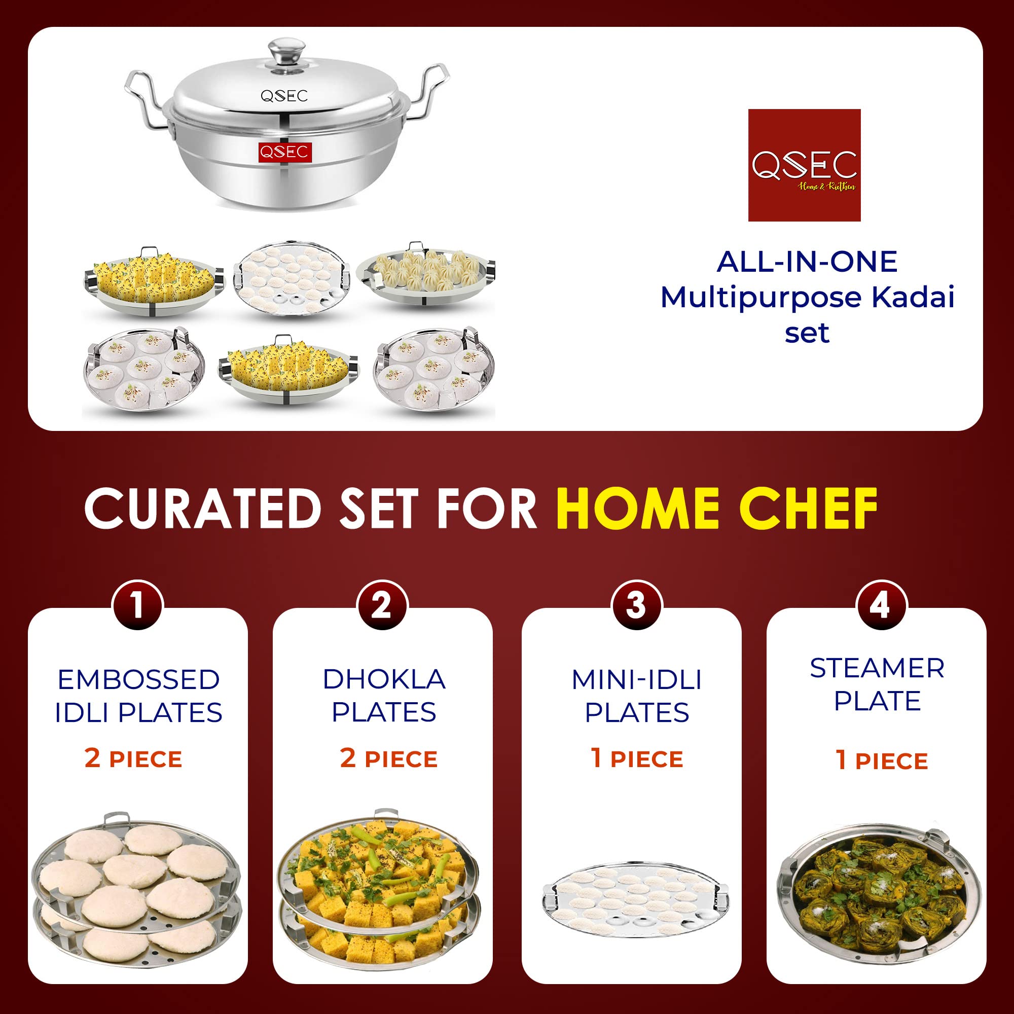 QSEC Triply bottom Idli maker Stainless Steel 4-in-1 Induction base Multi utility Kadai Idli Cooker All-in-One Big Size dhokla Cooker | 6 Plate 2 Idli | 1 mini idli 2 Dhokla 1 Patra Momo Steamer