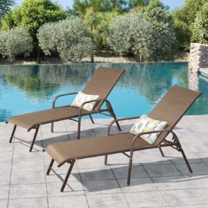 Crestlive Products Chaise Lounge Chair Outdoor with Armrests, Pool Lounge Chairs Set of 2, Aluminum Adjustable 5 Positions Sun Tanning Lounger for Patio, Poolside, Yard, Deck, Backyard (Brown)