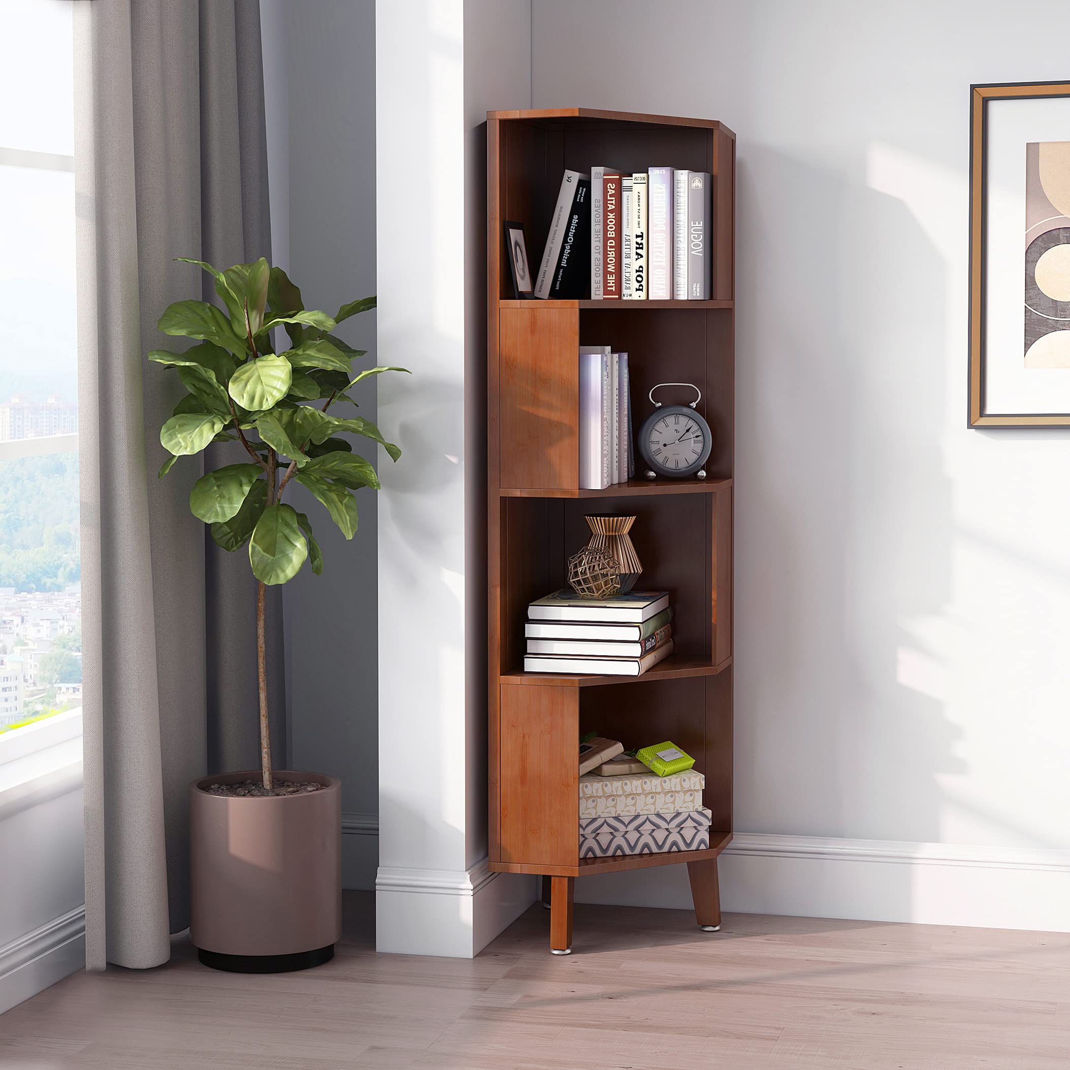 WILK 4-Tier Cube Corner Bookshelf Bamboo Corner Bookcase, Brown, 2.8(L) x 14.5(W) x 54(H)