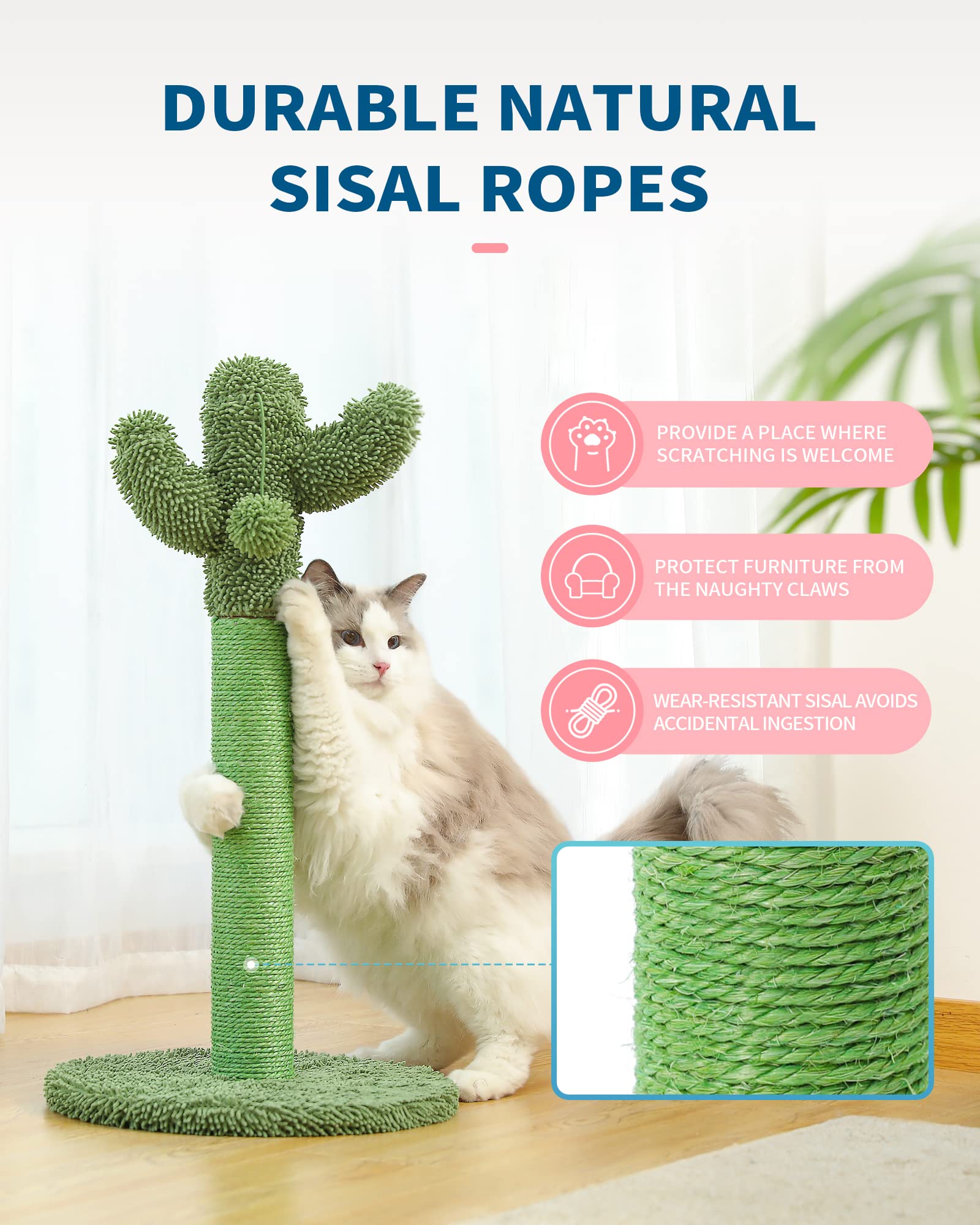 Made4Pets 34" Tall Cat Scratching Post, Cactus Cat Scratcher Kitten Scratching Posts for Indoor Cats Adults Claw Scratch with Sisal Rope, Vertical Green Cat Tree with Dangling Ball for Kitties Large