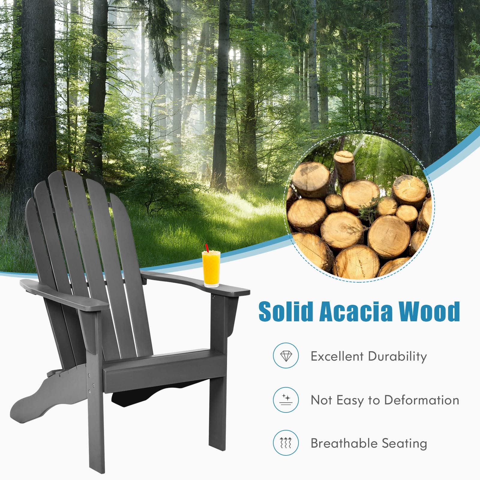 Tangkula Adirondack Chair, Acacia Wood Adirondack Lounger Chair, Outdoor Armchairs with Slatted Seating, Weather Resistant, for Patio Deck Lawn Backyard, Garden Adirondack Furniture (2, Grey)