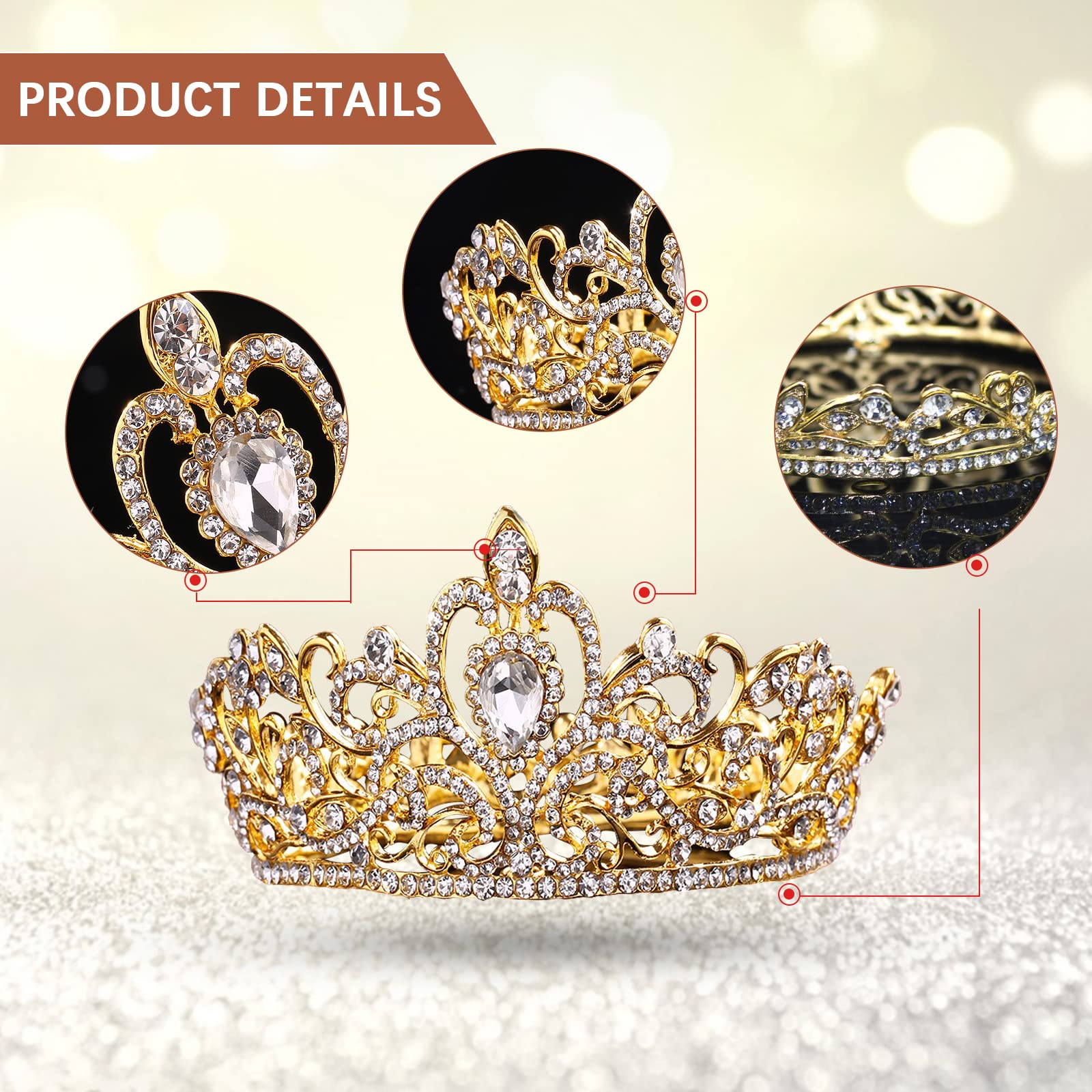 Crown Cake Topper Crystal Quinceanera Crown Princess Tiara for Women and Girls Decoration for Wedding Birthday Baby Shower Bride Hair accessories (Gold)