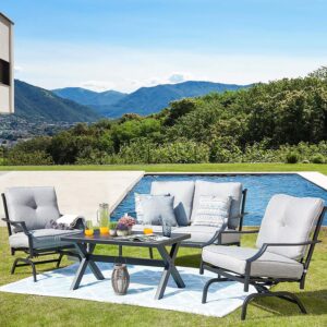 kamont 4 pcs patio furniture conversation set outdoor furniture set metal chairs w/all weather cushioned love seat,poolside lawn chair,coffee table (grey)