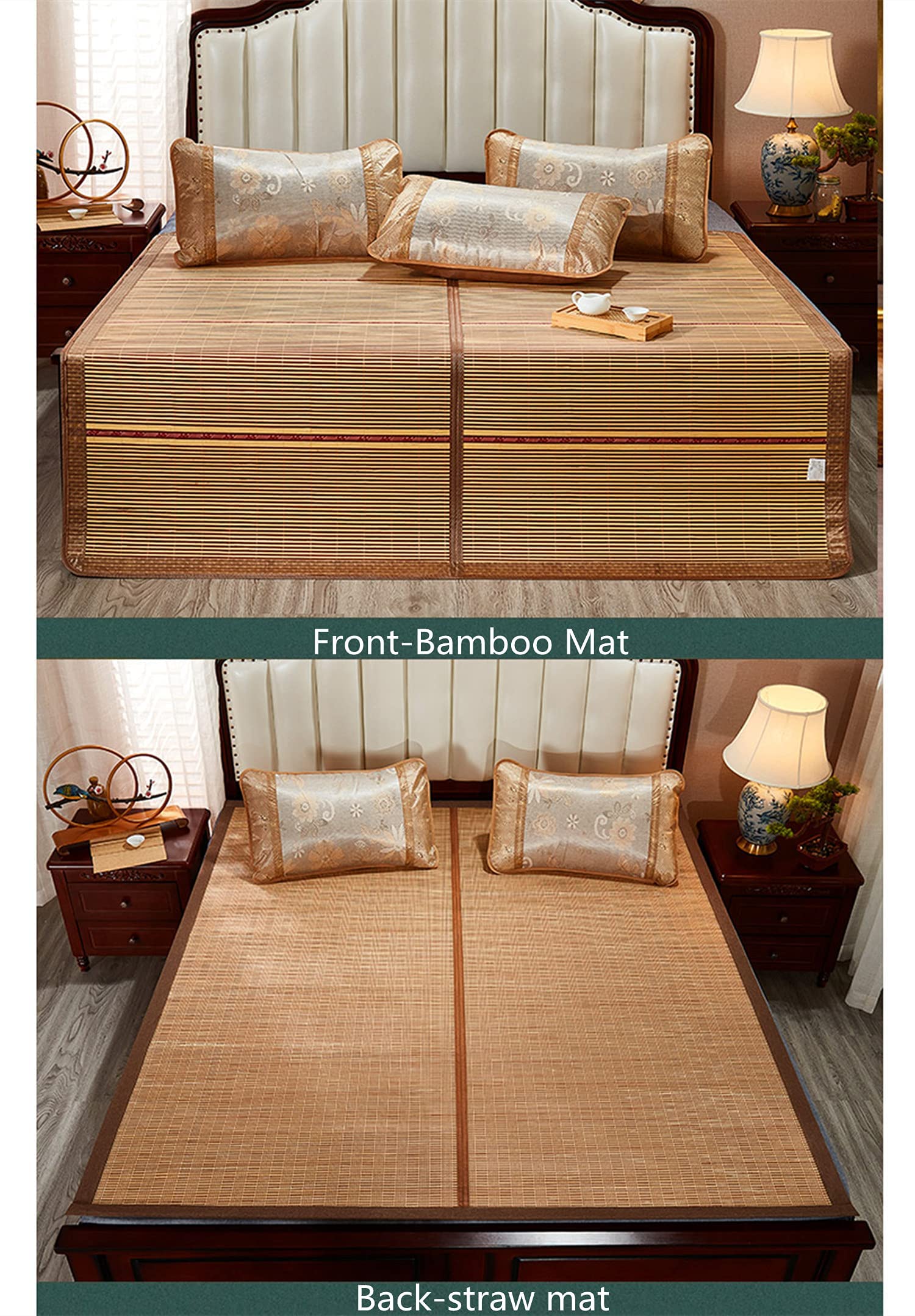 Bamboo Sleeping Mat,Cooling Mat Mattress,Traditional Chinese Summer Sleeping Rattan Pad Cooling Mattress Foldable Breathable Summer Sleeping Mat For Single Double Queen-size Bed-2 sides 1.5x1.95m(4.9x