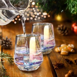 YUHANOER Wine Glasses Set Of 4,Diamond Stemless Wine Glasses - Iridescent Glassware with Gold Rim, for Spirits,Cocktails,Whisky,Bourbon or Drinking Glasses,Wine lovers