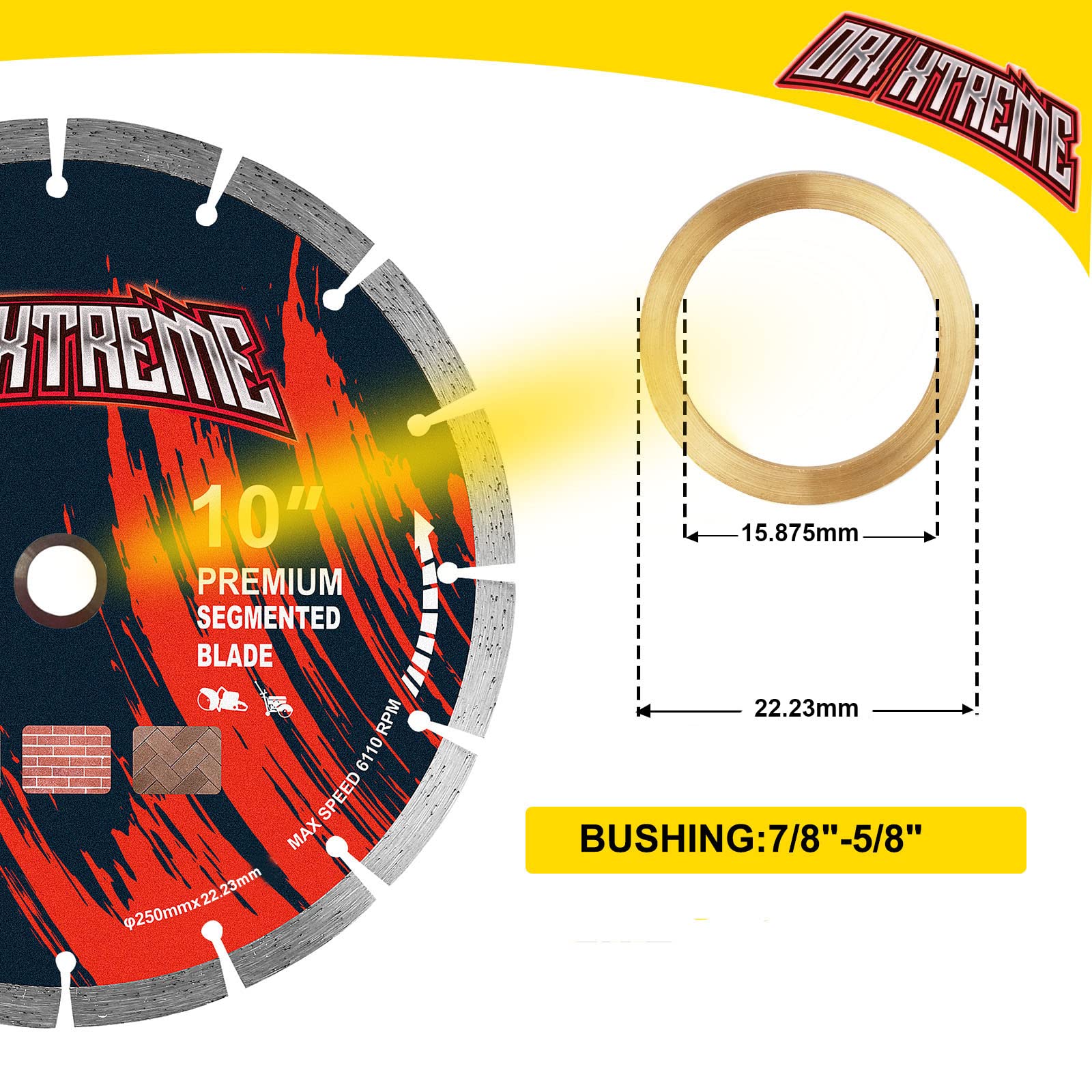 ORIXTREME 10 Inch Diamond Saw Blade, Segmented General Purpose Blade Dry/Wet Cutting Concrete, Masonry, Brick, Block,7/8"-5/8” Arbor