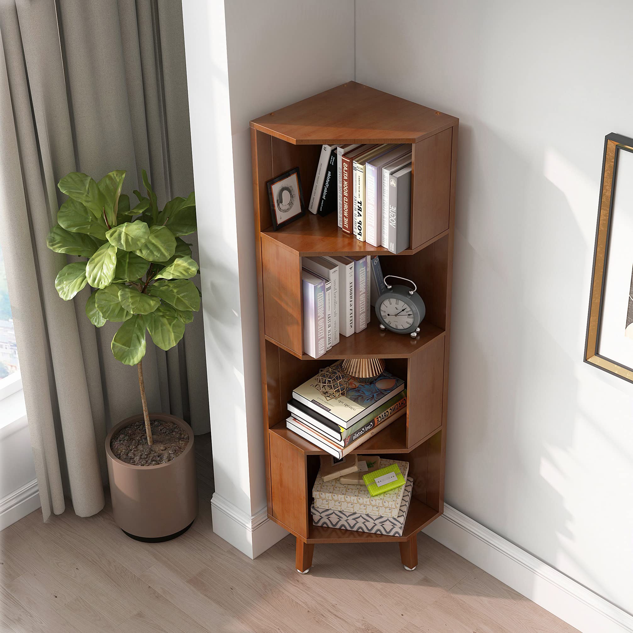 WILK 4-Tier Cube Corner Bookshelf Bamboo Corner Bookcase, Brown, 2.8(L) x 14.5(W) x 54(H)