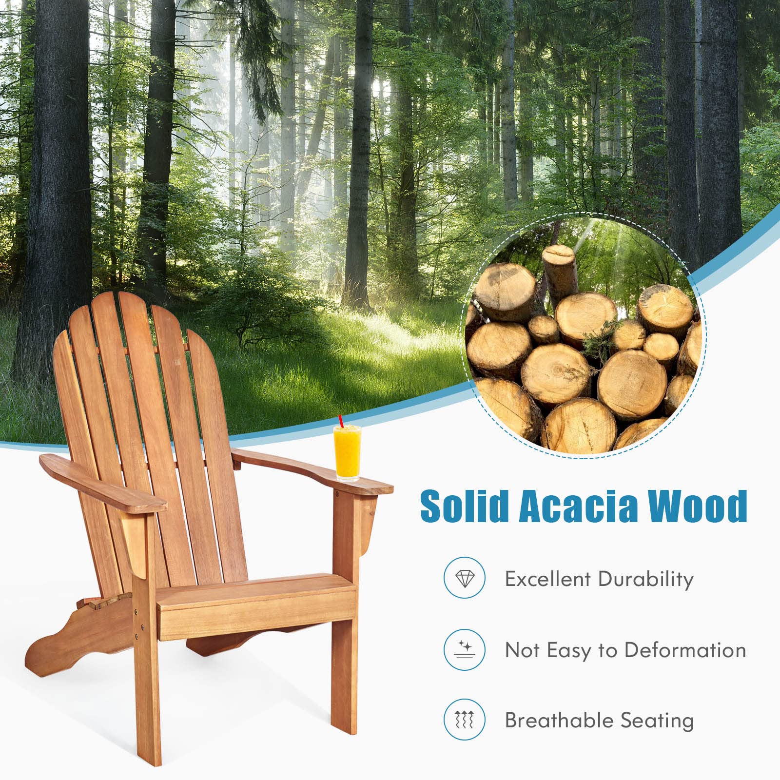 Tangkula Adirondack Chair, Acacia Wood Adirondack Lounger Chair, Outdoor Armchairs with Slatted Seating, Weather Resistant, for Patio Deck Lawn Backyard, Garden Adirondack Furniture (4, Natural)