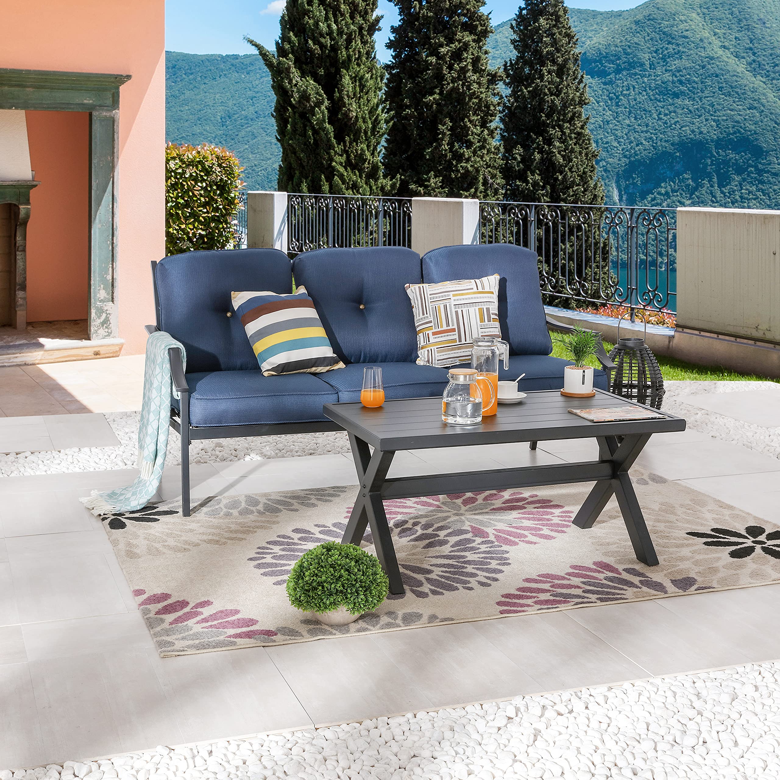 LOKATSE HOME Outdoor Patio Cushioned Loveseat 3 Seats Sofa Bench with Metal Coffee Table, Blue