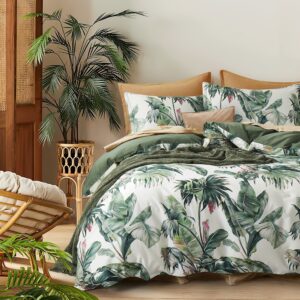 get bed ready fresh palm leaf foliage tropical chic plants modern botanical nature palma bedding verdant greens cotton duvet cover set boho vibe exotic paradise island flower tree (king, rainforest)