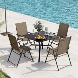 VICLLAX 5 Pieces Outdoor Patio Dining Table and Chairs Set, 4 Portable Dining Chairs & Square Metal Frame Table with Umbrella Hole for Backyard Garden Deck, Brown/Black