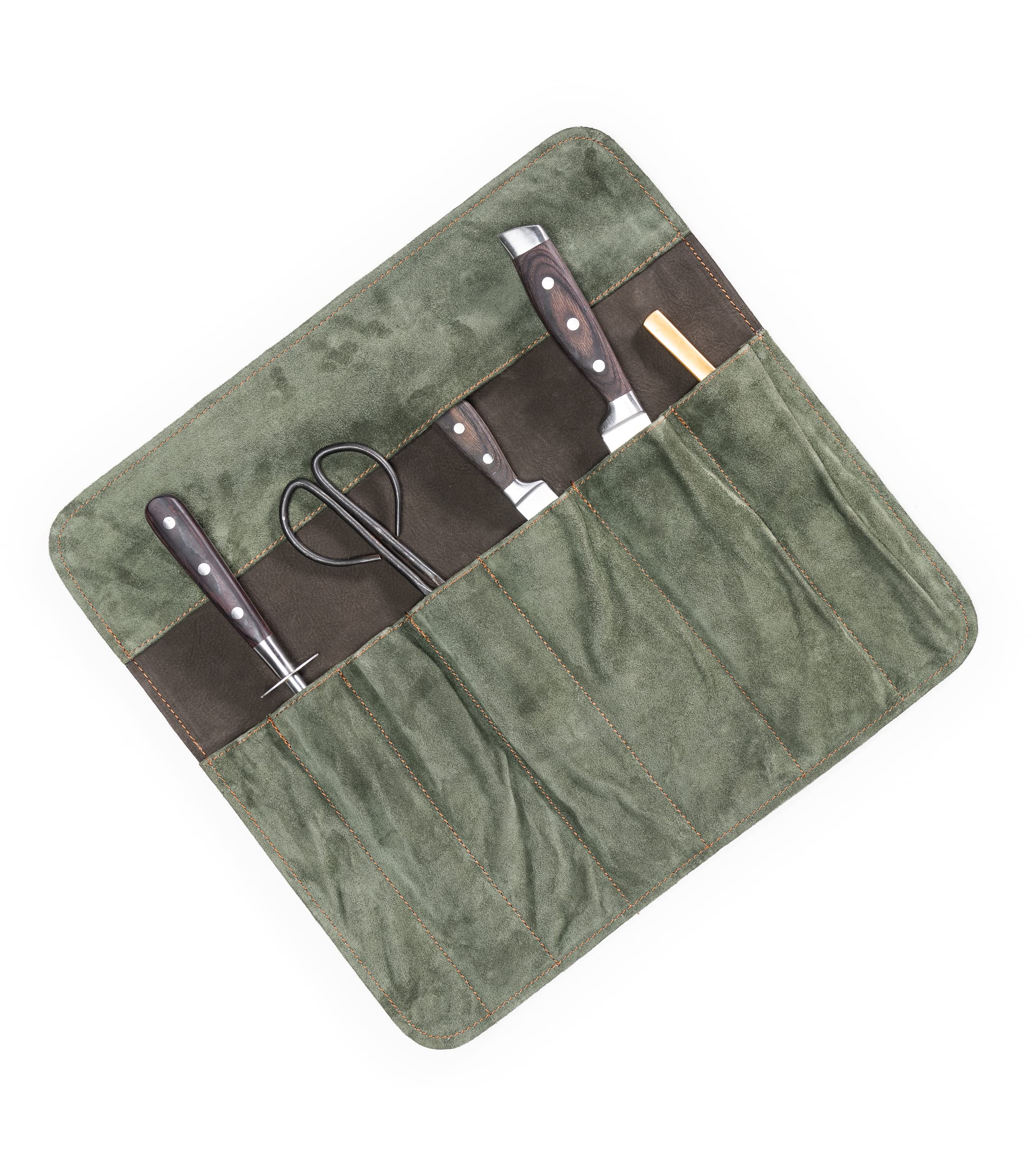 Angus Stoke Knife Roll Bag of genuine buffalo Leather – Handcrafted Chef`s Knife Roll Storage Bag/Case 7 slots – Sean (Olive-Green/Brown)