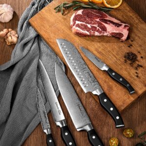 Knife Set, D.Perlla 14 Pieces Kitchen Knife Set with Built-in Sharpener, Stainless Steel Knives Block Set with Unique Waved Pattern, Non-slip Handle, Black