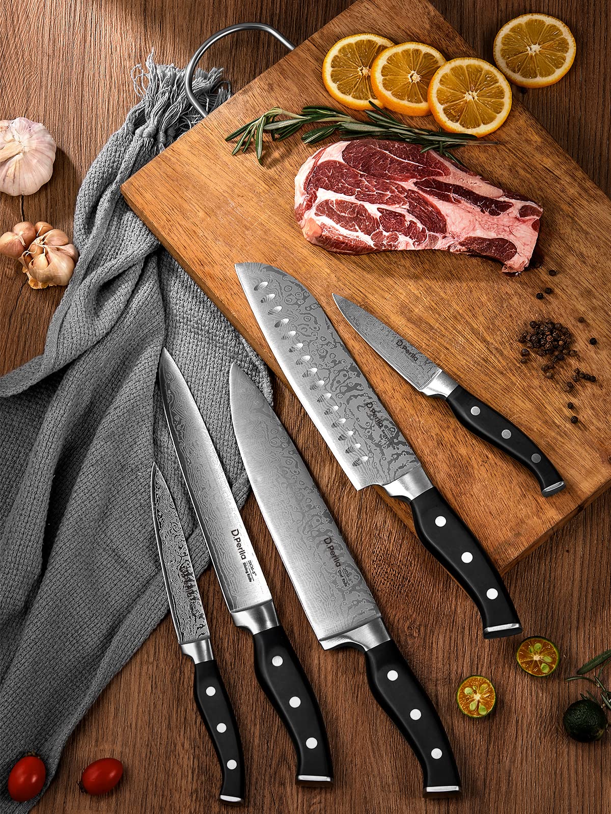 Knife Set, D.Perlla 14 Pieces Kitchen Knife Set with Built-in Sharpener, Stainless Steel Knives Block Set with Unique Waved Pattern, Non-slip Handle, Black