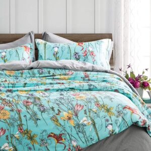 eikei vintage botanical flower print bedding 400tc cotton sateen romantic floral scarf duvet cover 3pc set colorful antique drawing of summer lilies daisy blossoms (twin, blue)