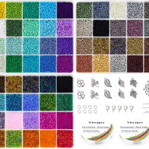 Ybxjges 42000Pcs 2mm Glass Seed Beads 12/0 Small Tiny Beads Kit with 150Pcs Alphabet Letter Beads Pendants Charms Jump Ring Elastic String for DIY Bracelets Necklace Jewelry Making Supplies