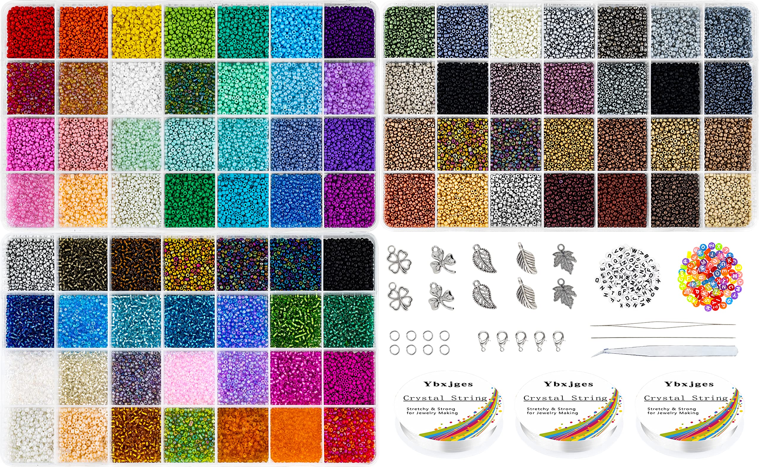 Ybxjges 42000Pcs 2mm Glass Seed Beads 12/0 Small Tiny Beads Kit with 150Pcs Alphabet Letter Beads Pendants Charms Jump Ring Elastic String for DIY Bracelets Necklace Jewelry Making Supplies